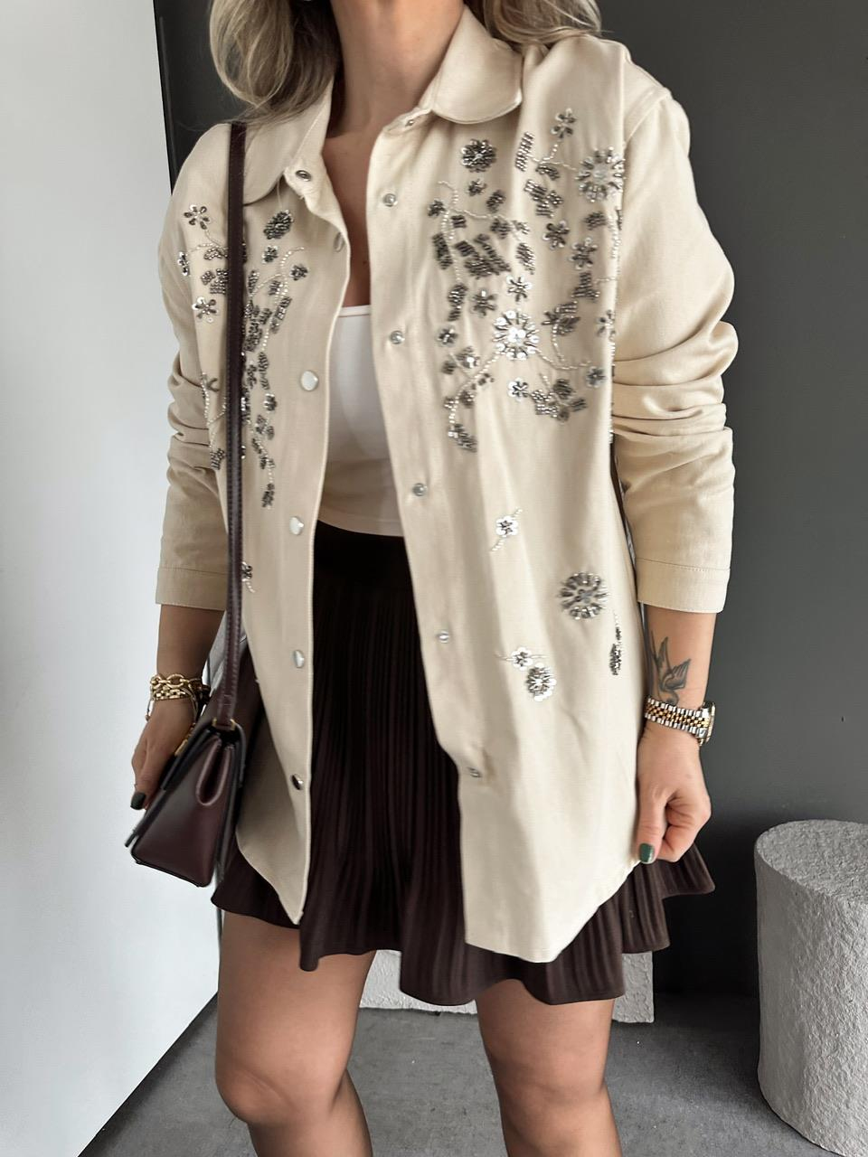 Krem Pul Payet İşlemeli Gabardin Ceket