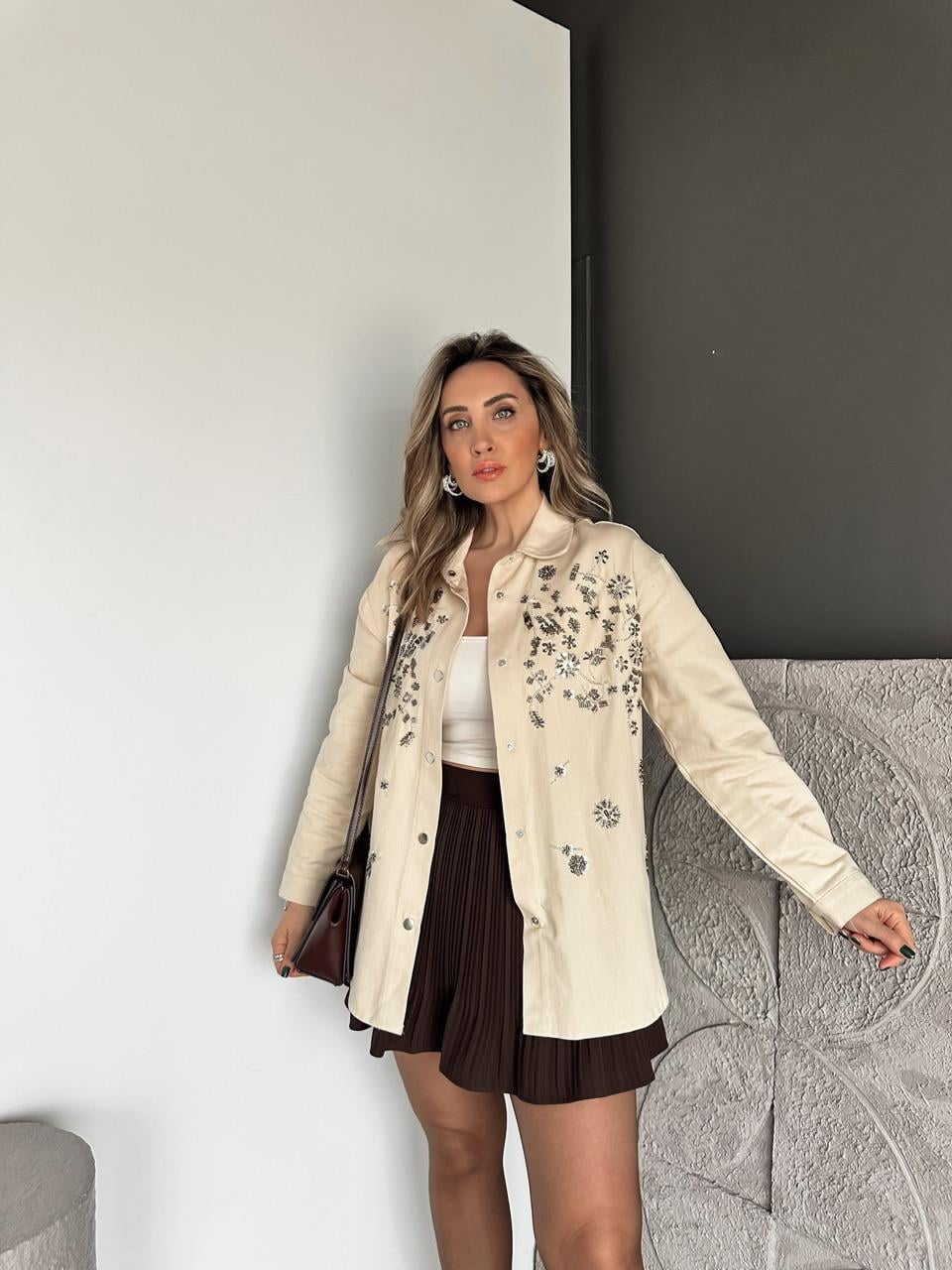 Krem Pul Payet İşlemeli Gabardin Ceket