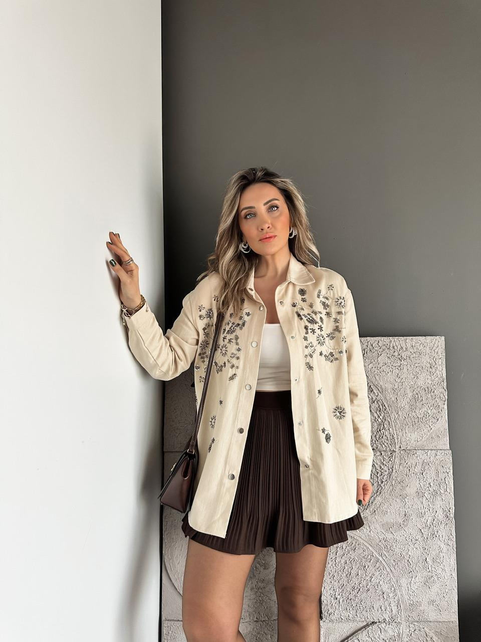Krem Pul Payet İşlemeli Gabardin Ceket