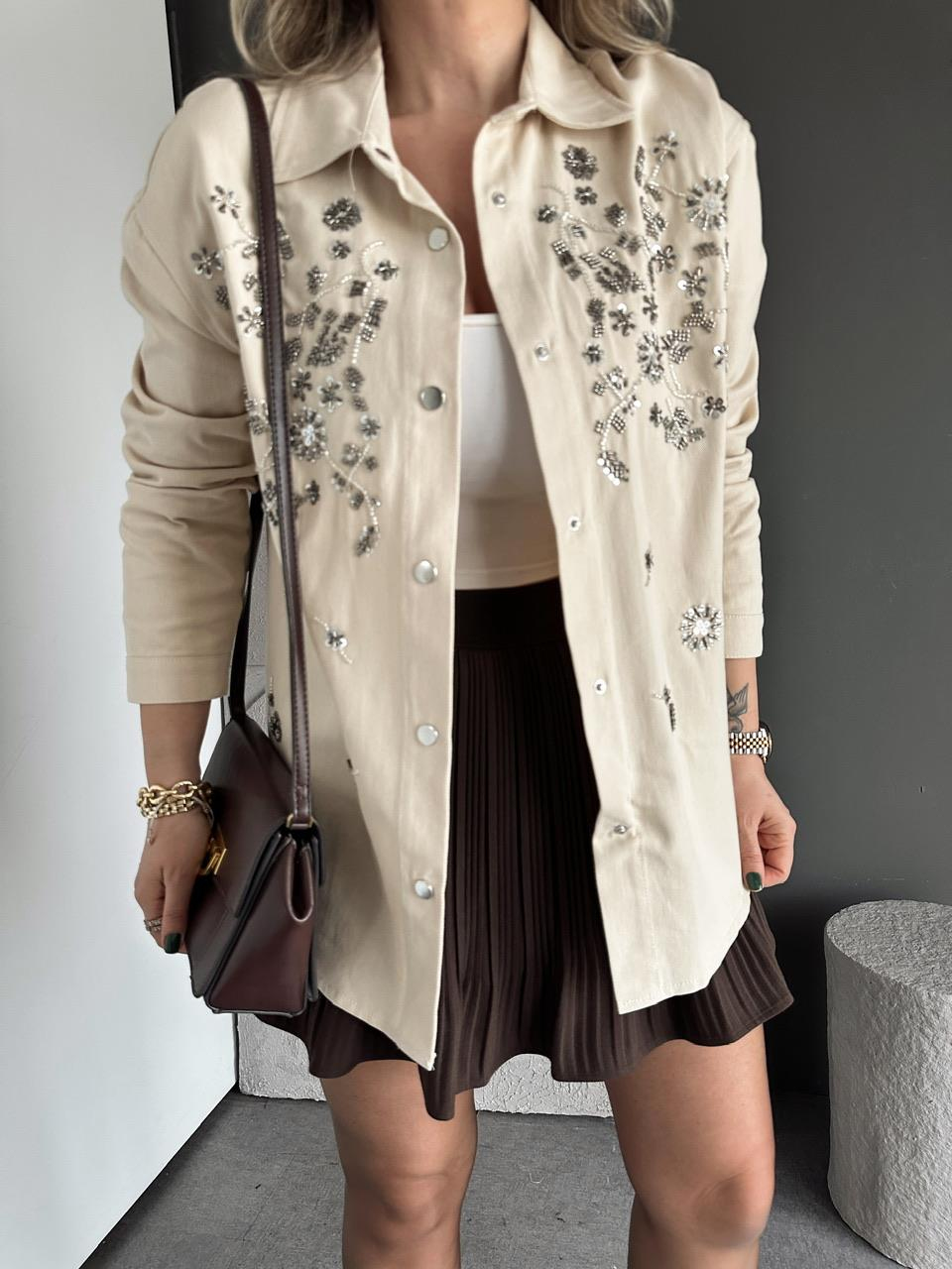 Krem Pul Payet İşlemeli Gabardin Ceket
