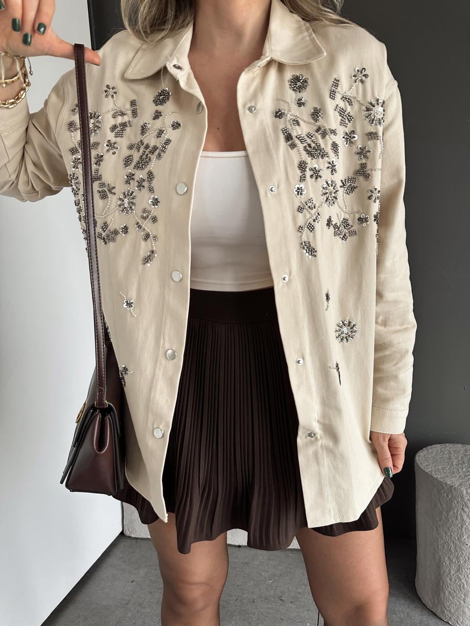 Krem Pul Payet İşlemeli Gabardin Ceket