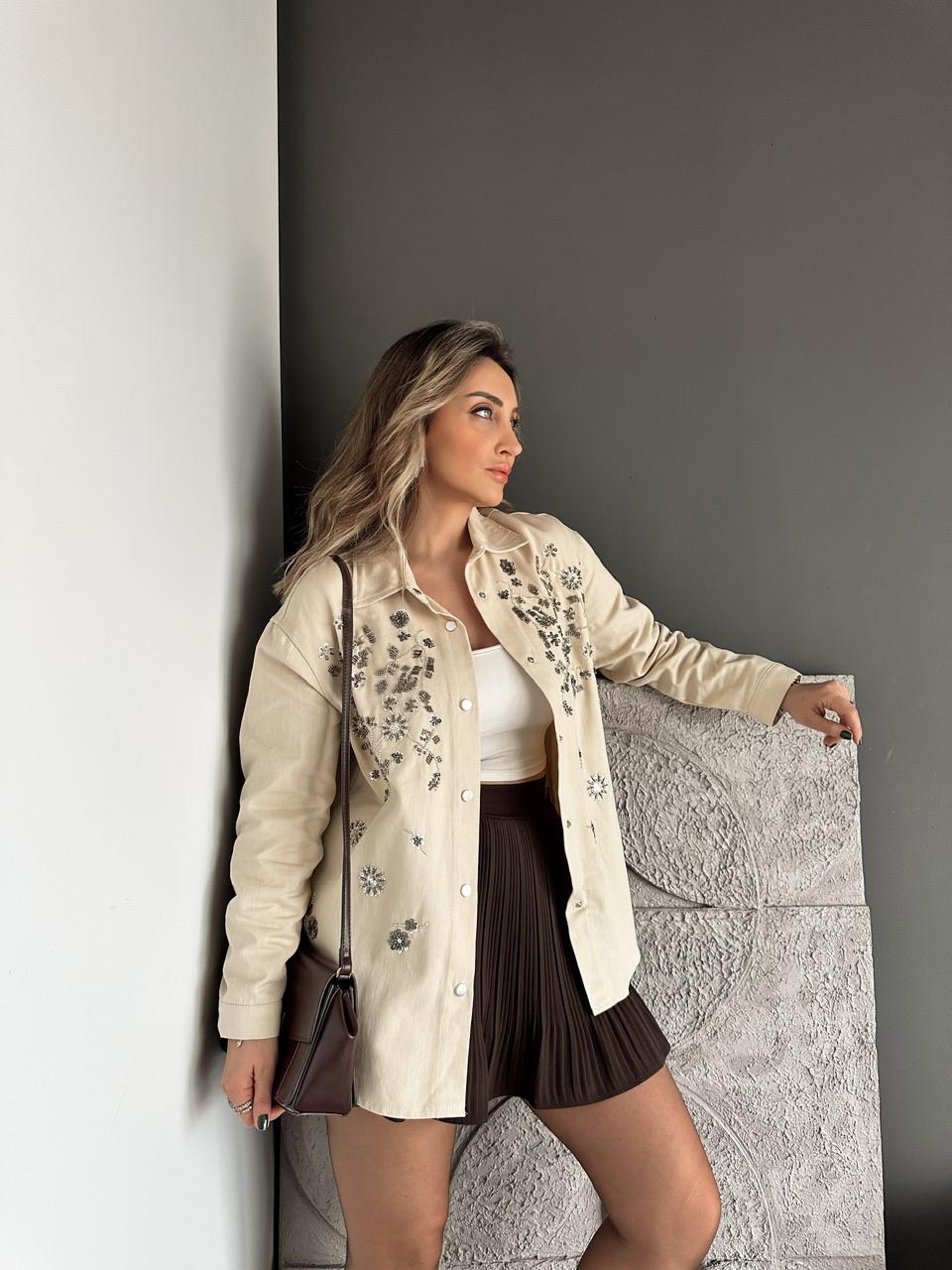 Krem Pul Payet İşlemeli Gabardin Ceket
