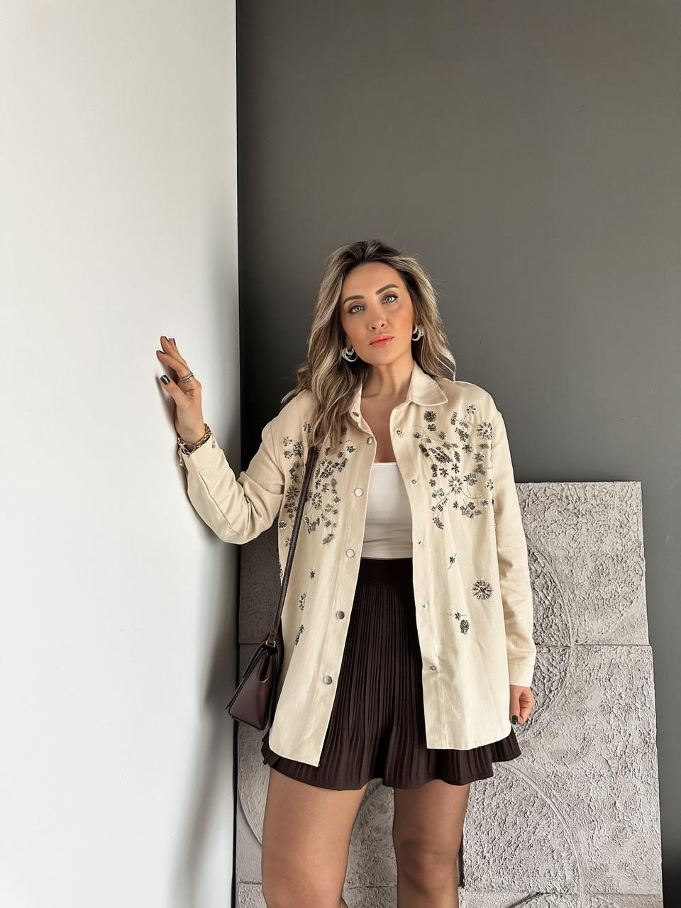 Krem Pul Payet İşlemeli Gabardin Ceket