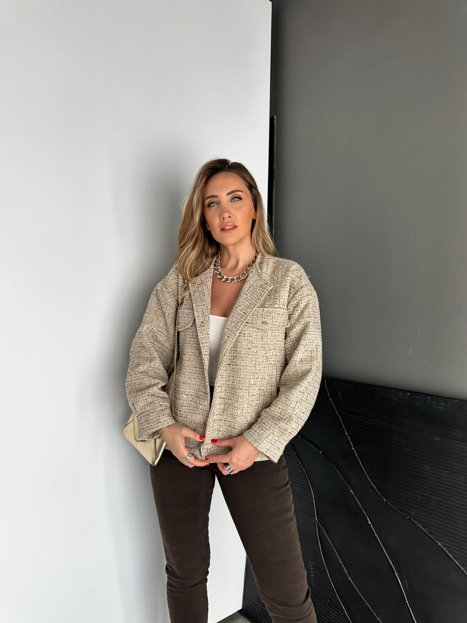 Krem Pullu Gold Tüvit Ceket