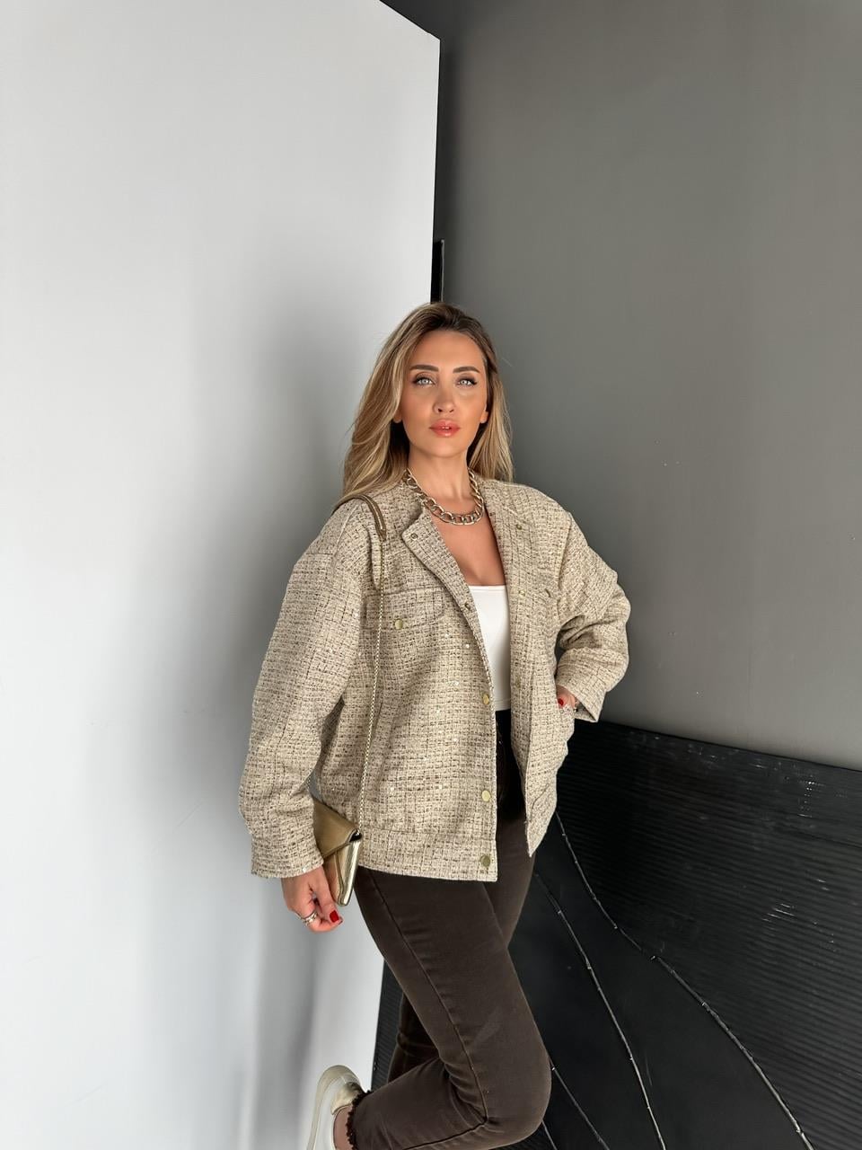 Krem Pullu Gold Tüvit Ceket