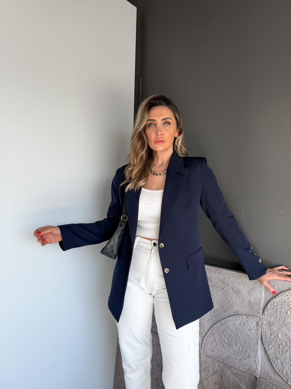Lacivert Asimetrik Düğmeli Blazer Ceket