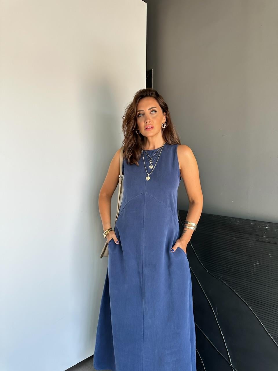 Lacivert Cepli Maxi Modal Elbise