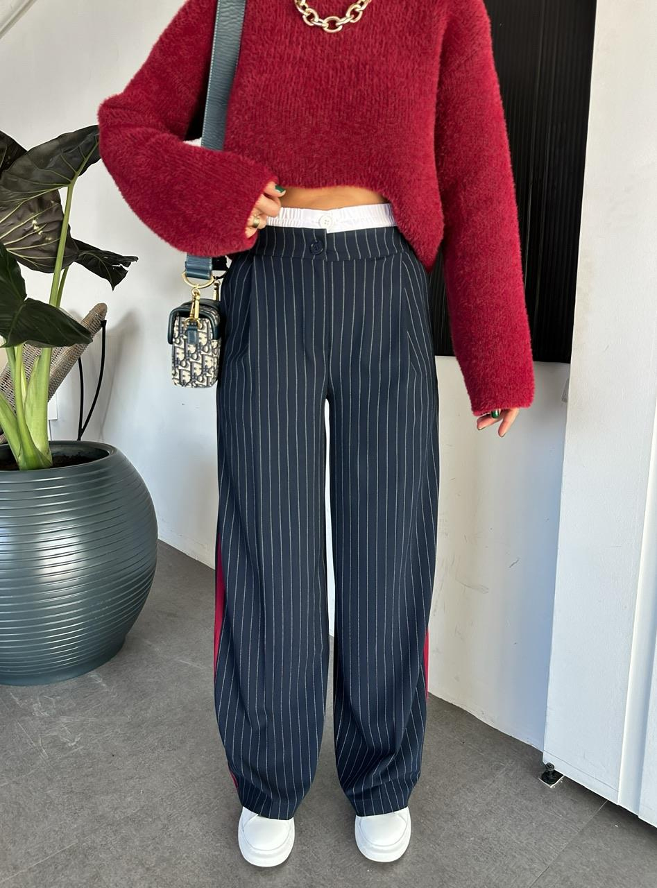 Lacivert Çizgili Bel Detaylı Pantolon