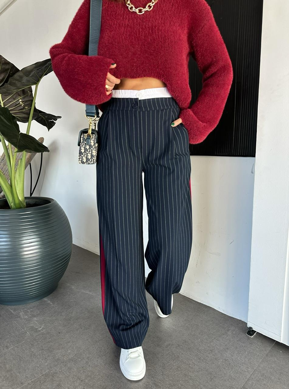 Lacivert Çizgili Bel Detaylı Pantolon