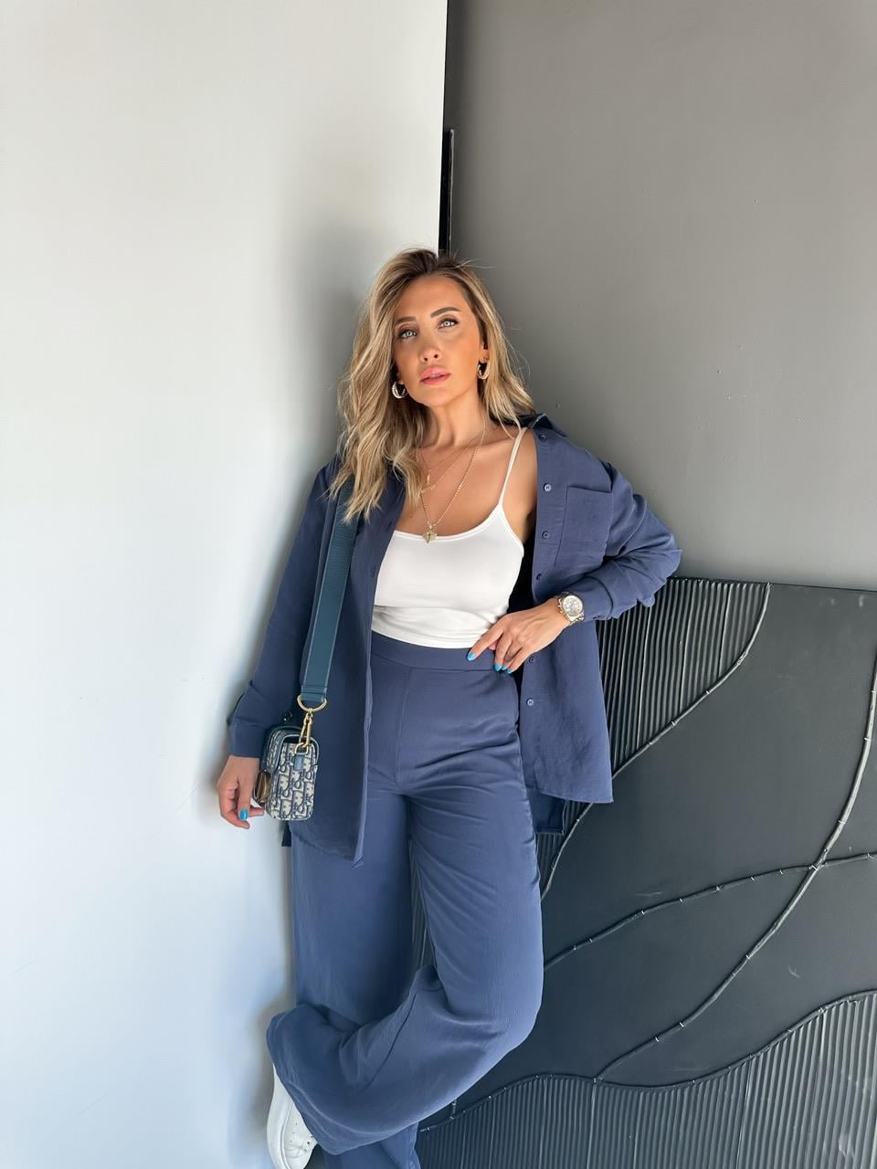 Lacivert Çizgili Gömlek Pantolon Soft Takım