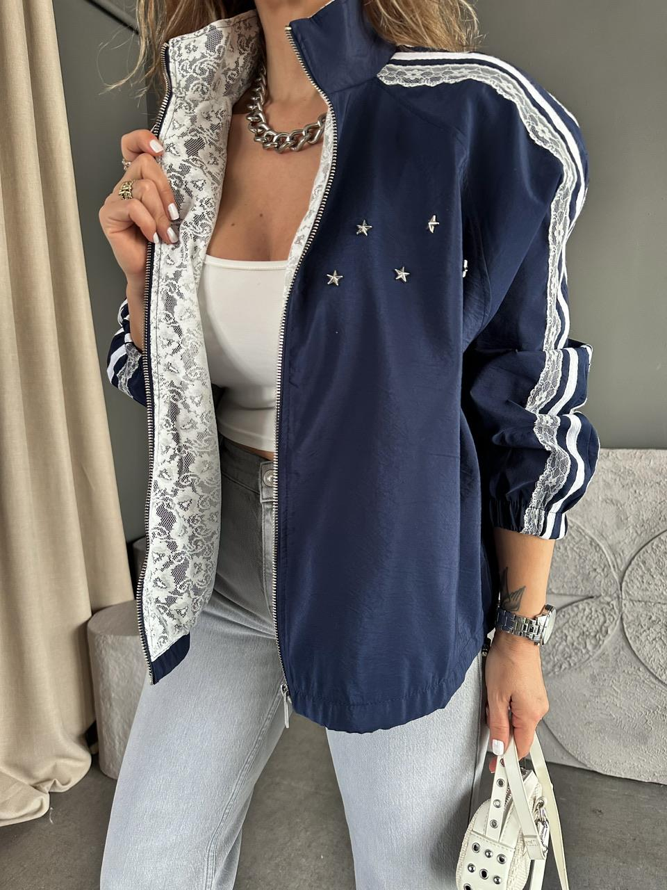 Lacivert Dantelli Trok Baskılı Ceket