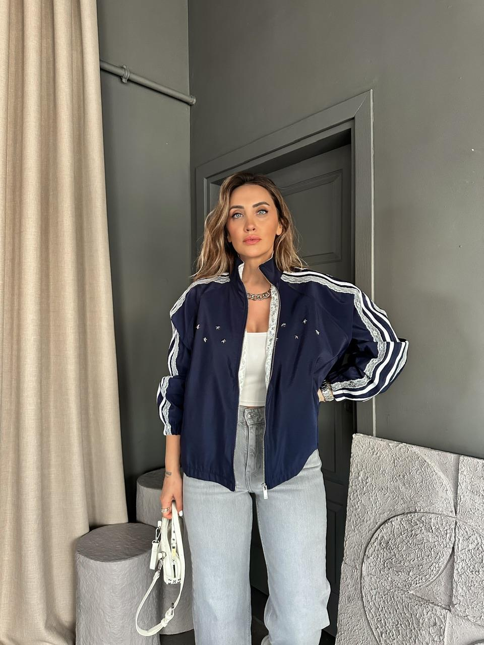 Lacivert Dantelli Trok Baskılı Ceket