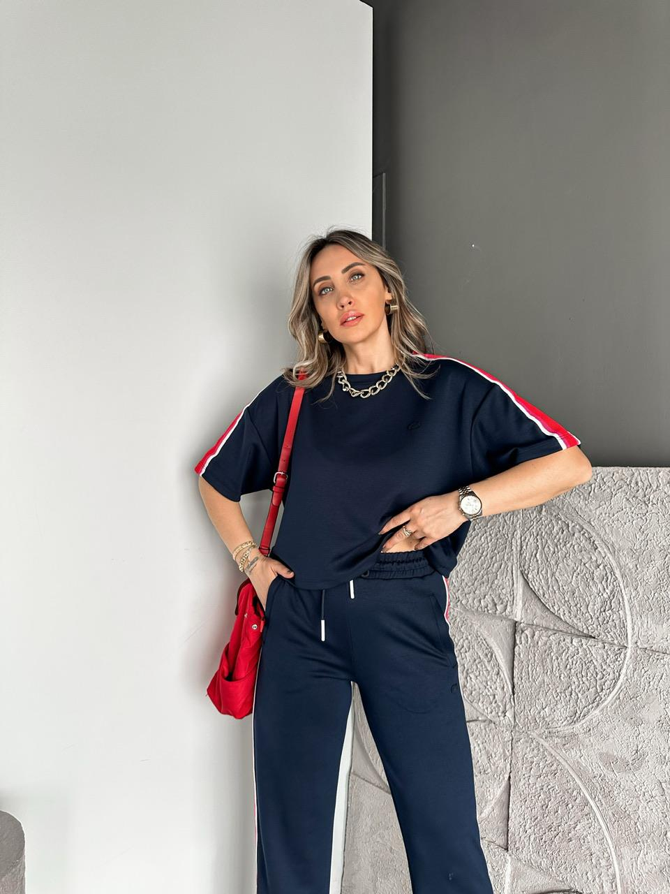 Lacivert File Şeritli Çıtçıtlı Premium Takım