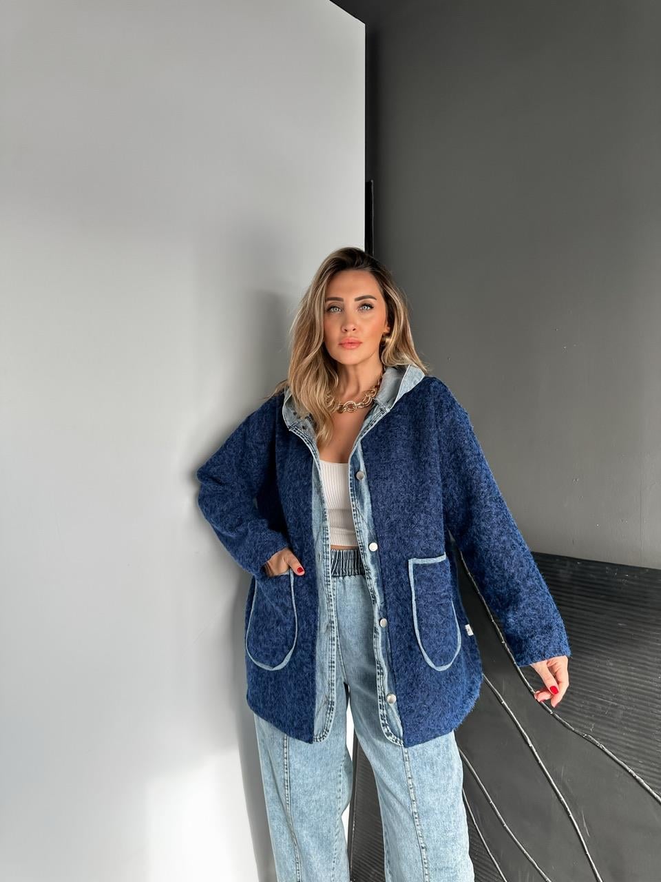 Lacivert Kot Parçalı Kapşonlu Teddy Mont