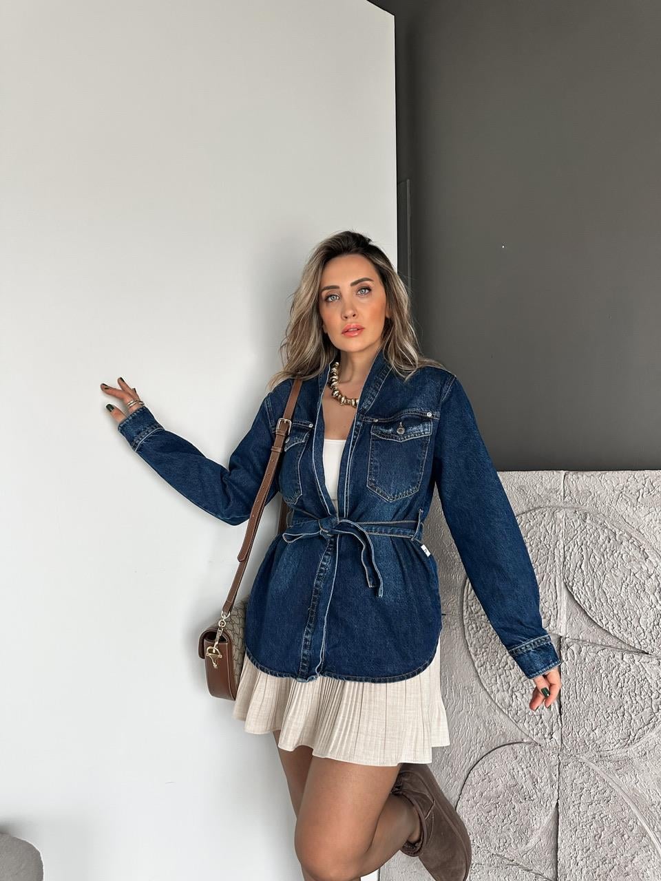 Lacivert Kuşaklı Cepli Kot Ceket