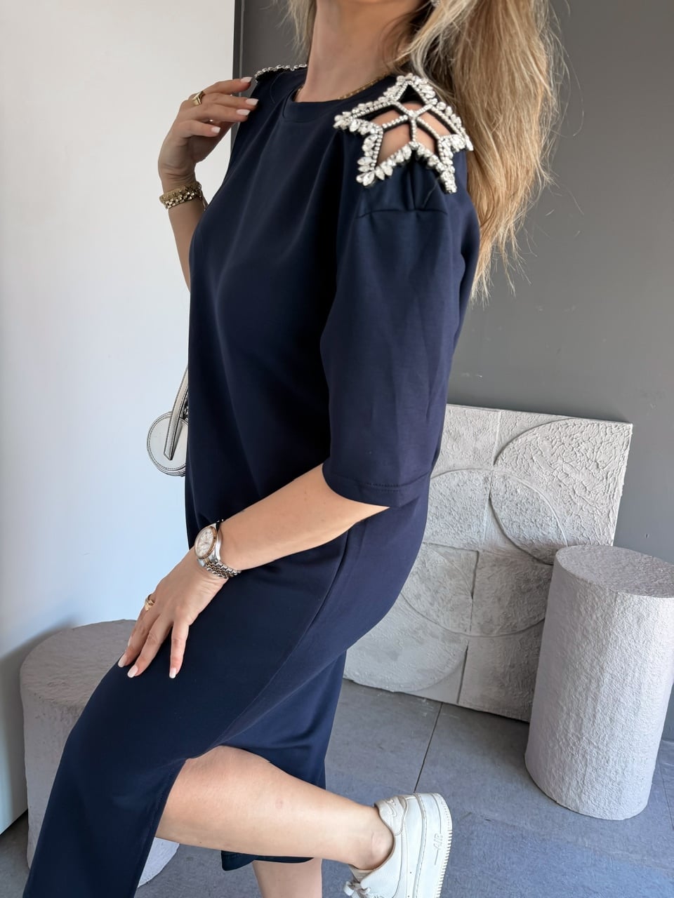 Lacivert Omuzları Yıldız Taşlı Modal Elbise
