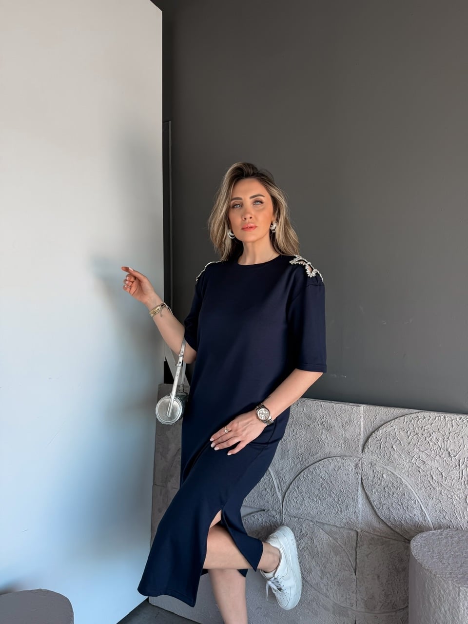 Lacivert Omuzları Yıldız Taşlı Modal Elbise
