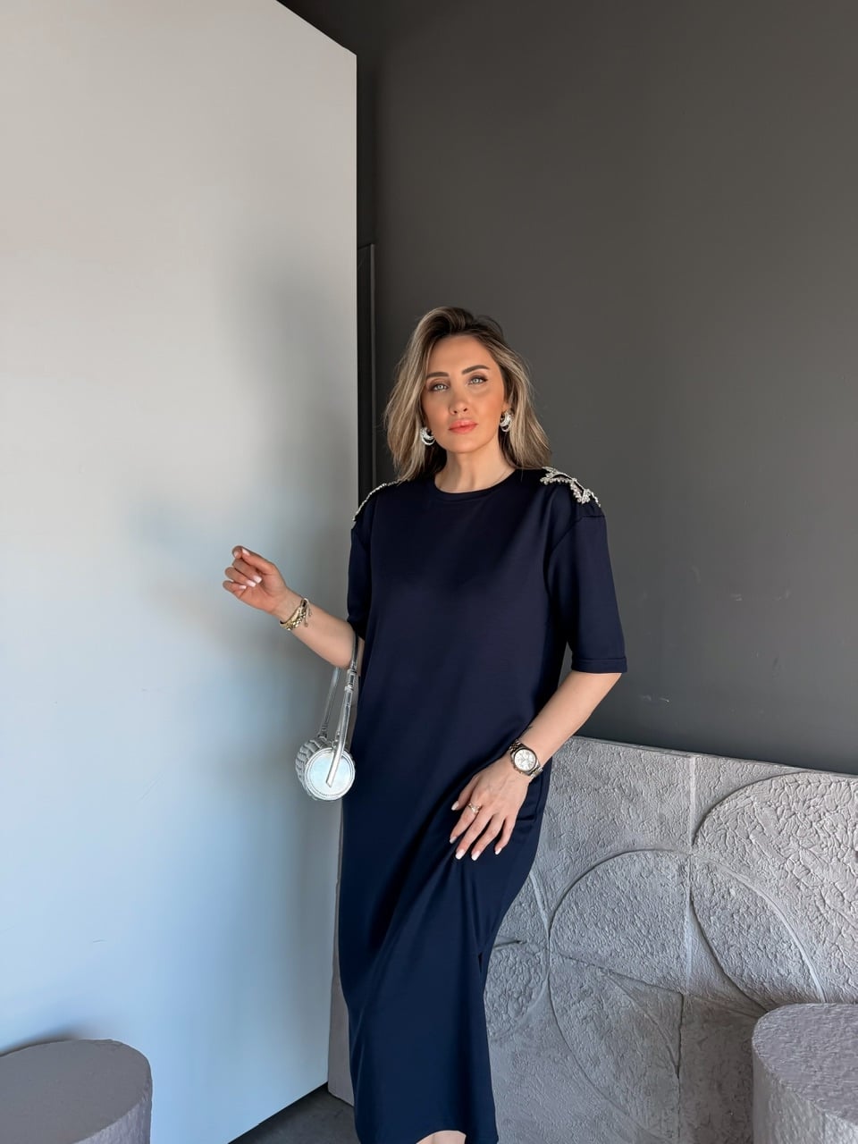 Lacivert Omuzları Yıldız Taşlı Modal Elbise