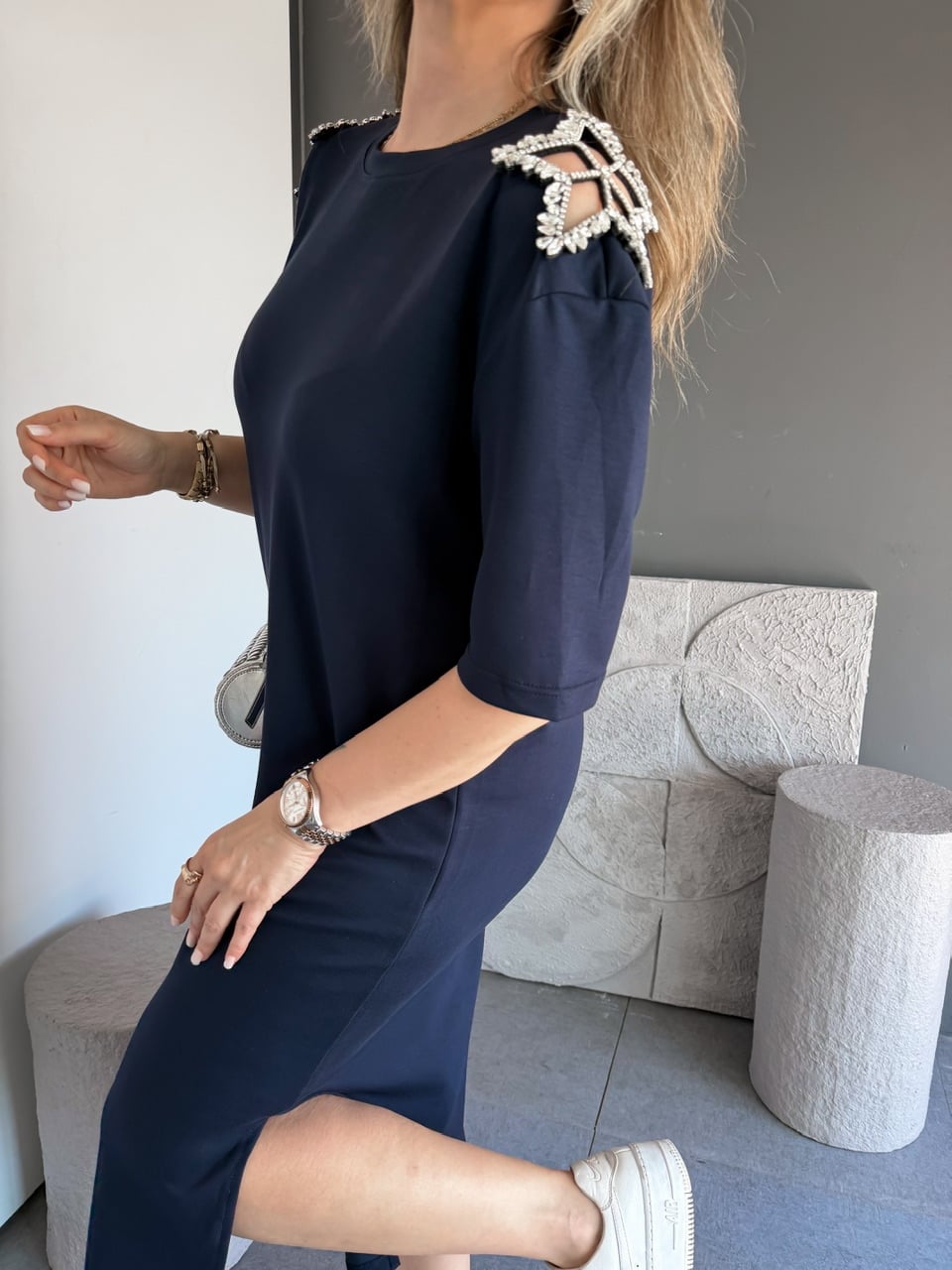Lacivert Omuzları Yıldız Taşlı Modal Elbise