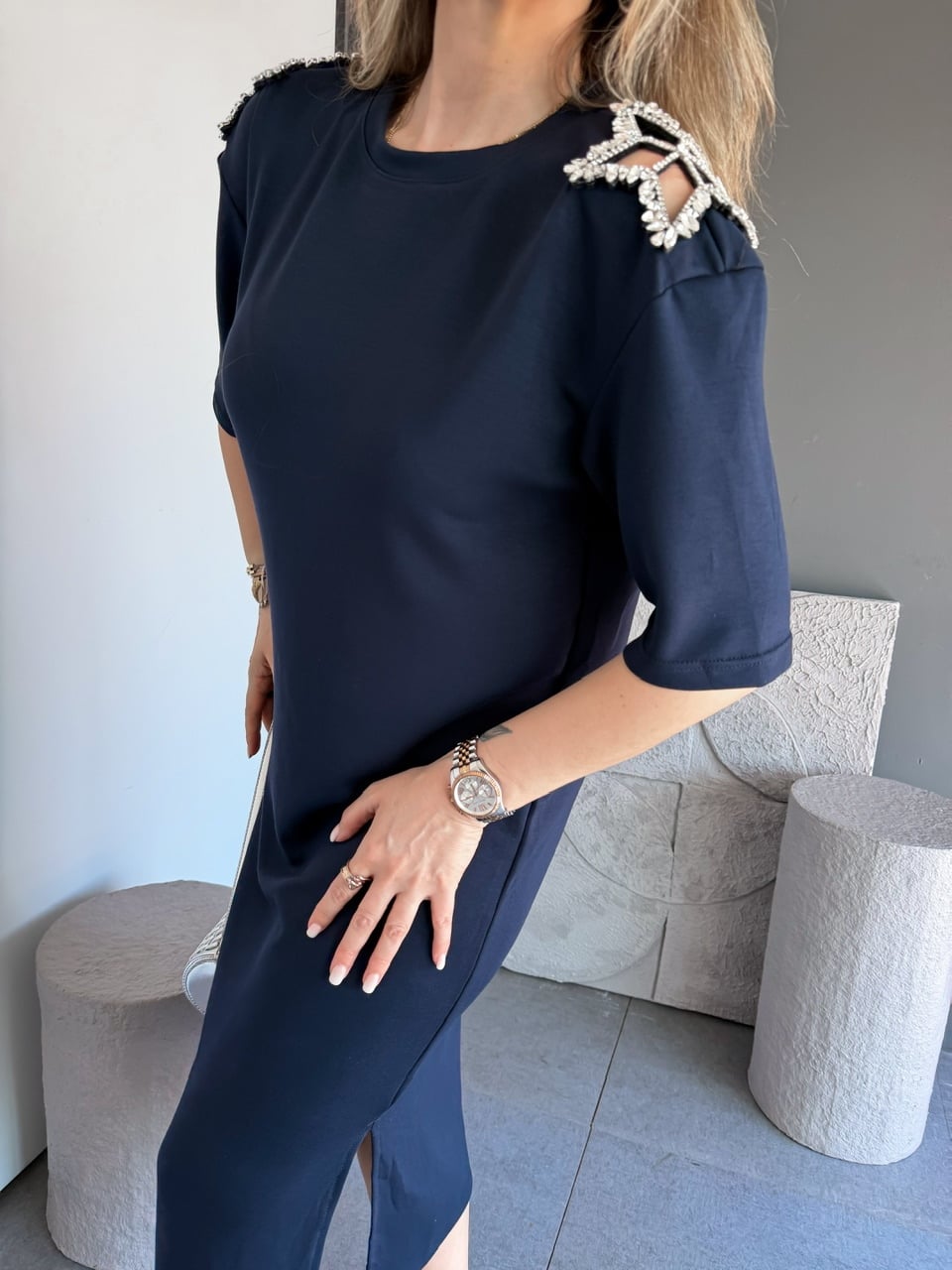 Lacivert Omuzları Yıldız Taşlı Modal Elbise