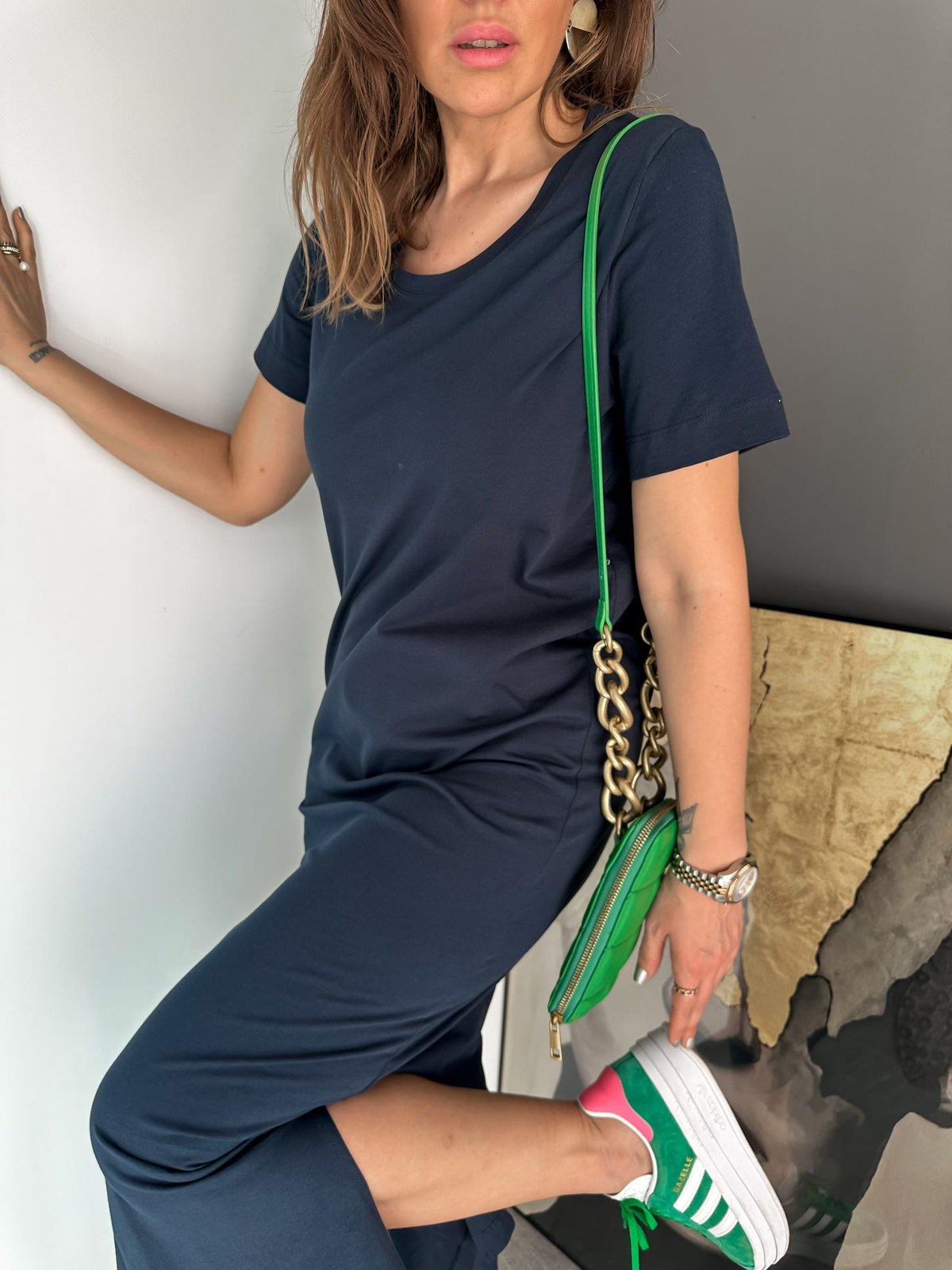 Lacivert Organic Cotton Yırtmaçlı Elbise