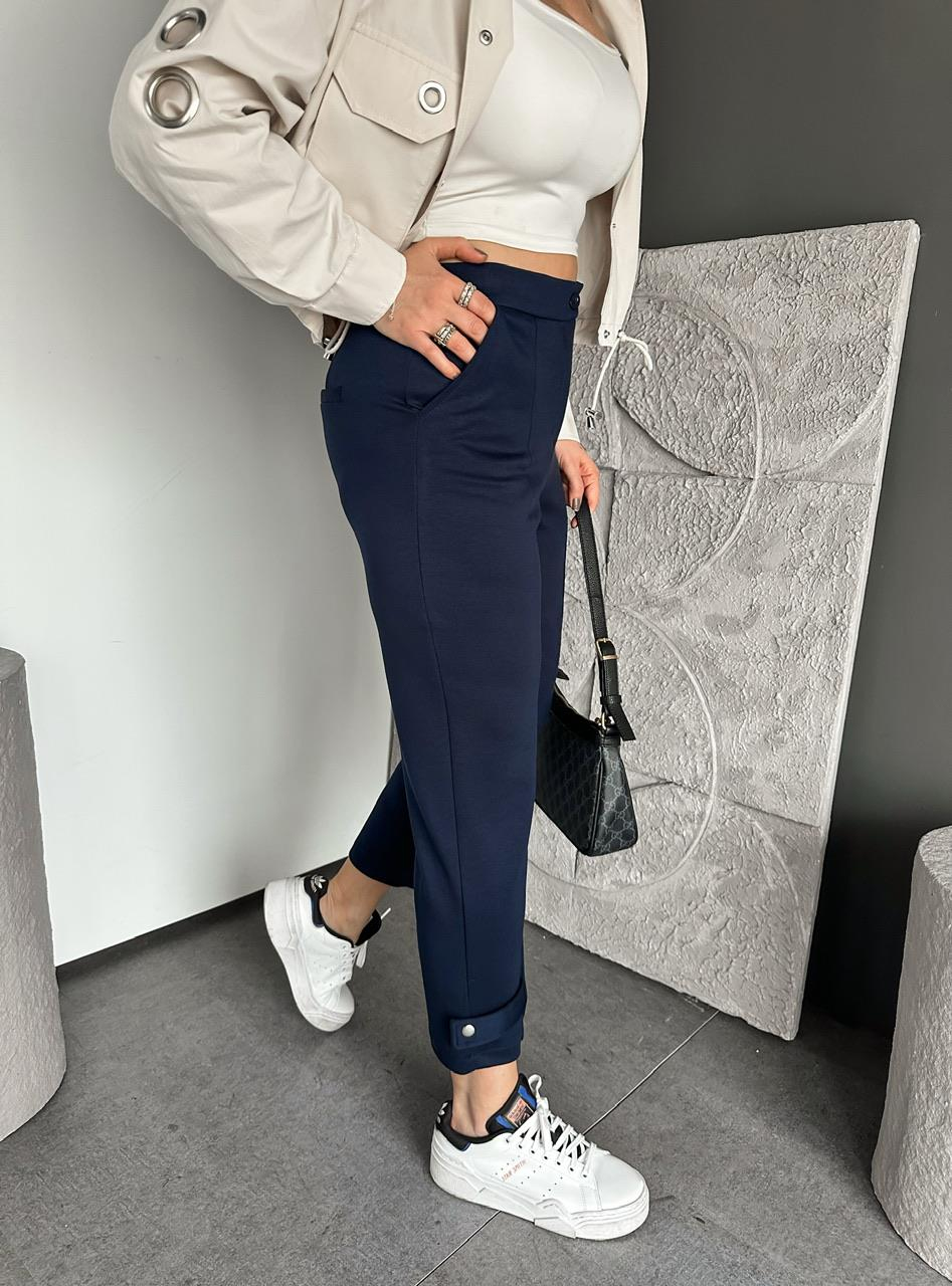 Lacivert Paçası Çıtçıtlı Ful Likralı Pantolon