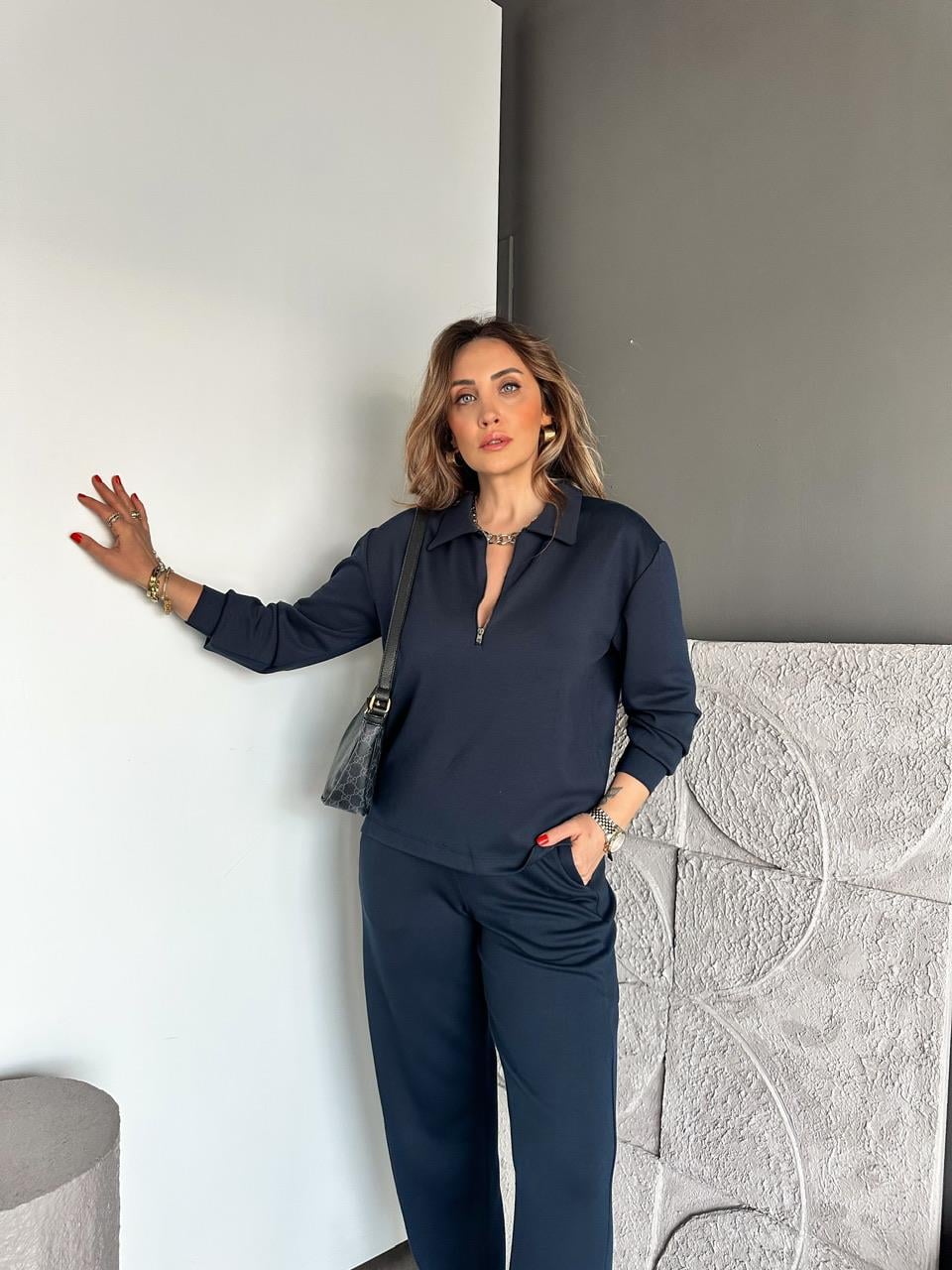Lacivert Polo Yaka Fermuarlı Modal Takım