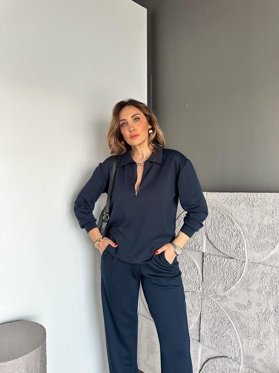 Lacivert Polo Yaka Fermuarlı Modal Takım