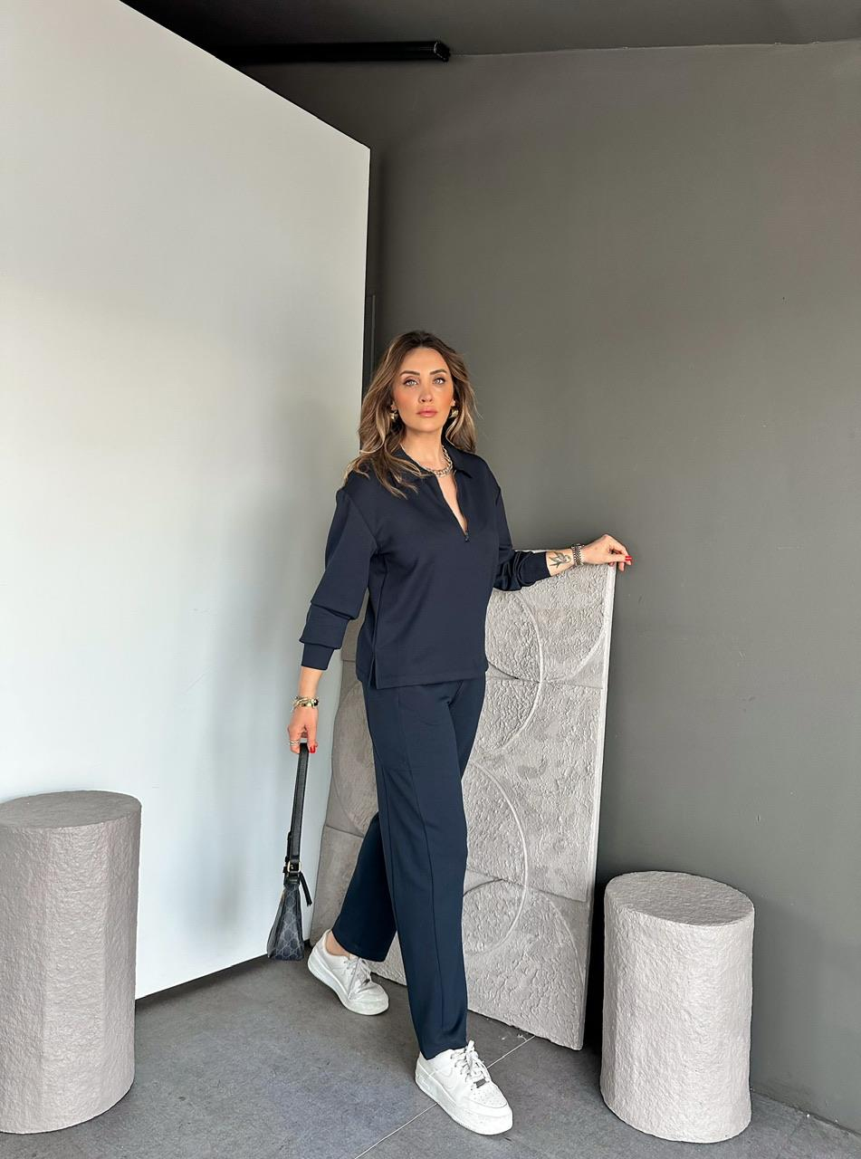 Lacivert Polo Yaka Fermuarlı Modal Takım