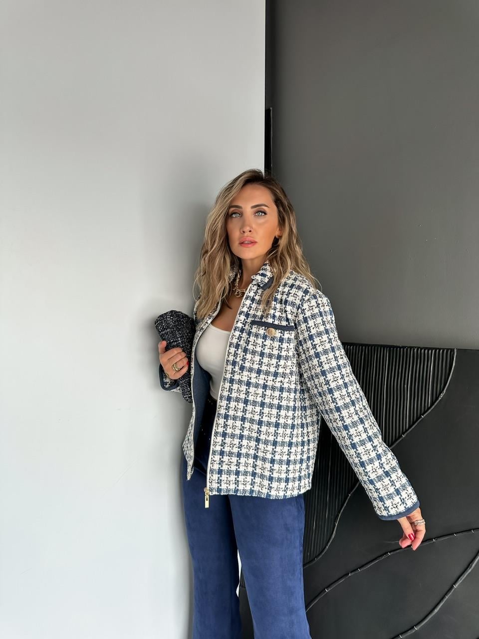 Lacivert Tüvit Fermuarlı Premium Ceket