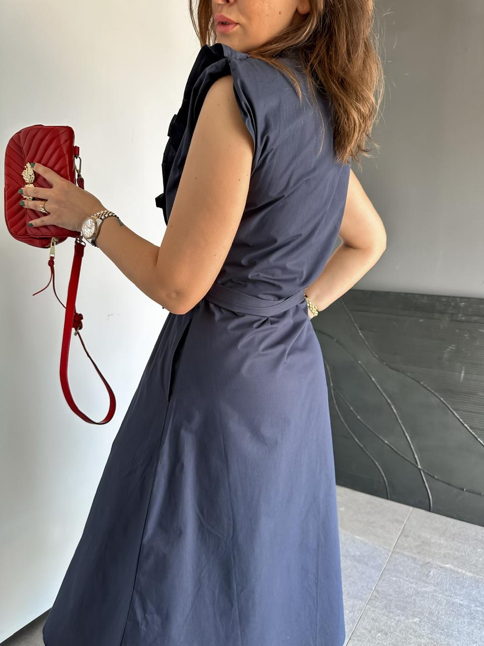 Lacivert Volanlı Şerit Detaylı Elbise