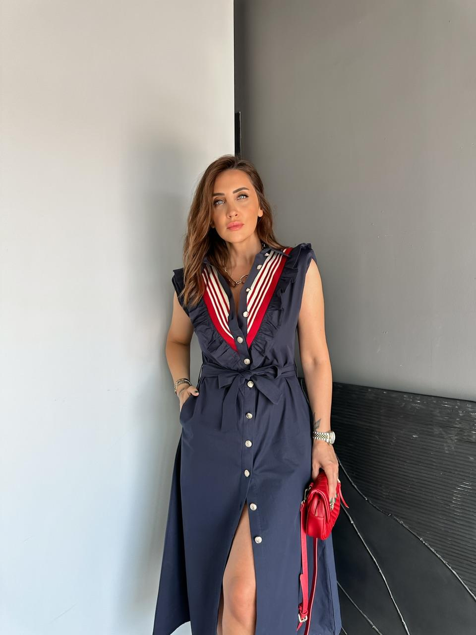 Lacivert Volanlı Şerit Detaylı Elbise