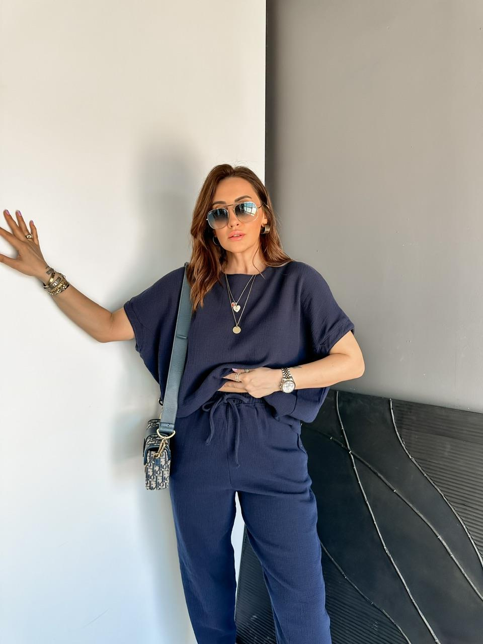 Lacivert Yarasa Kollu Naturel Takım