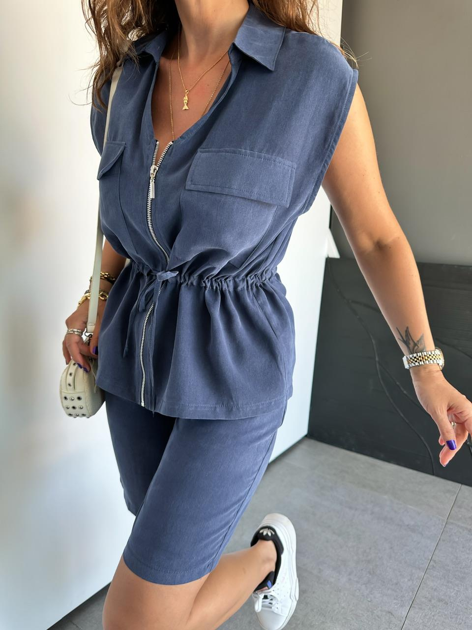 Lacivert Yeleği Fermuarlı Şortlu Takım