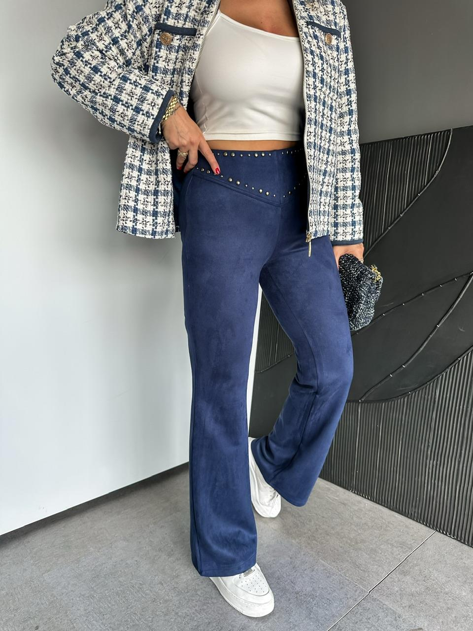 Lacivert Zımbalı Süet Pantolon