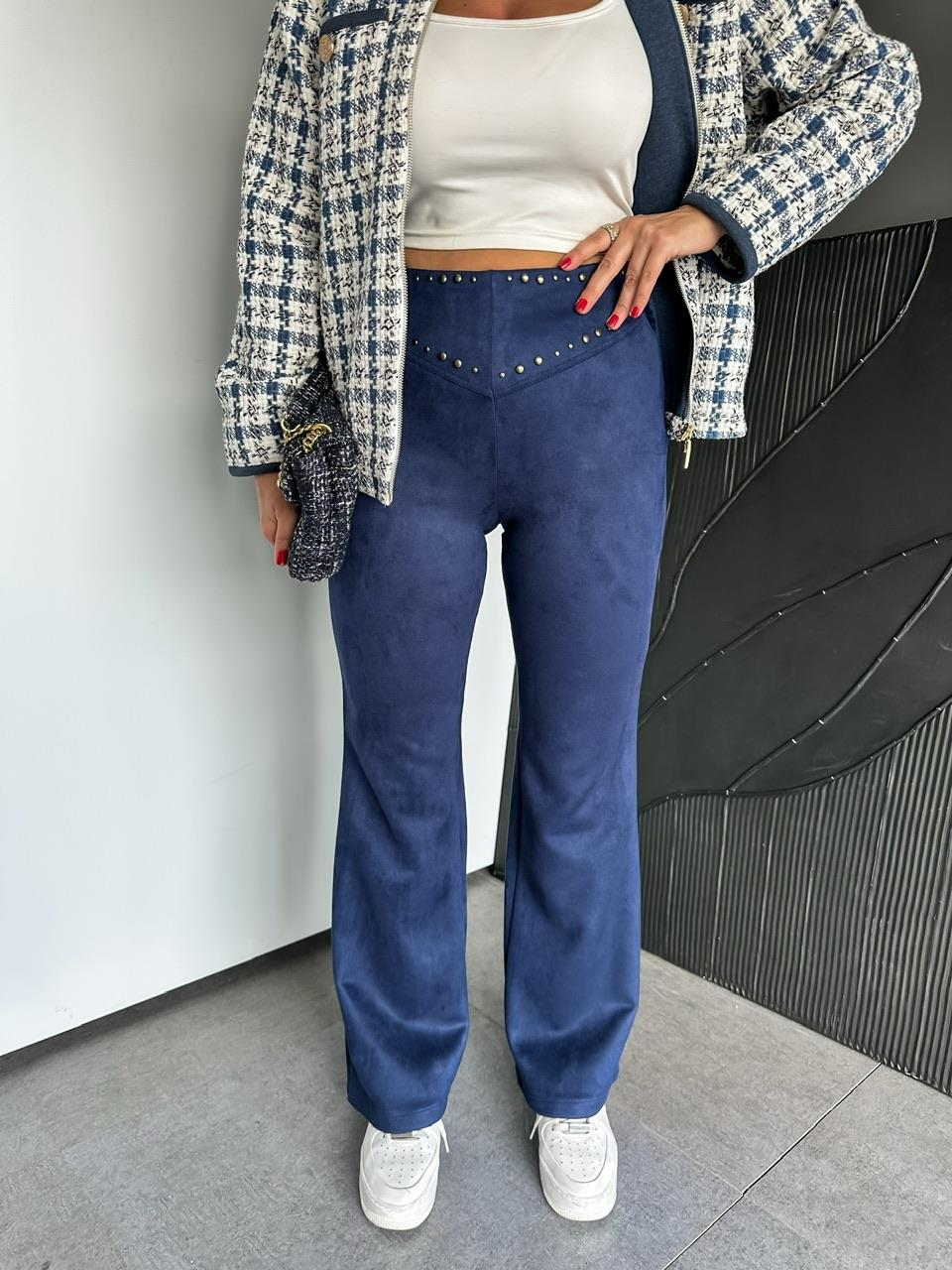 Lacivert Zımbalı Süet Pantolon