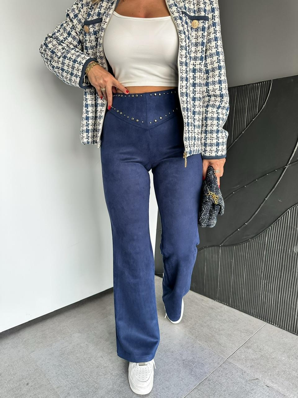 Lacivert Zımbalı Süet Pantolon