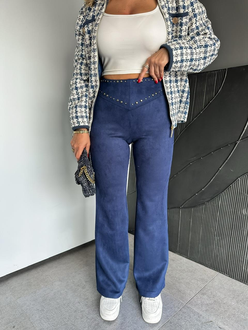 Lacivert Zımbalı Süet Pantolon
