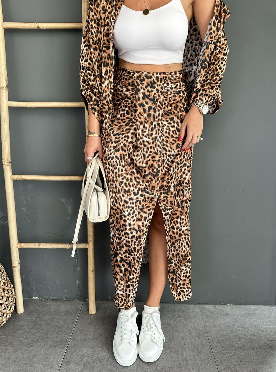 Leopar Düğüm Detaylı Saten Etek