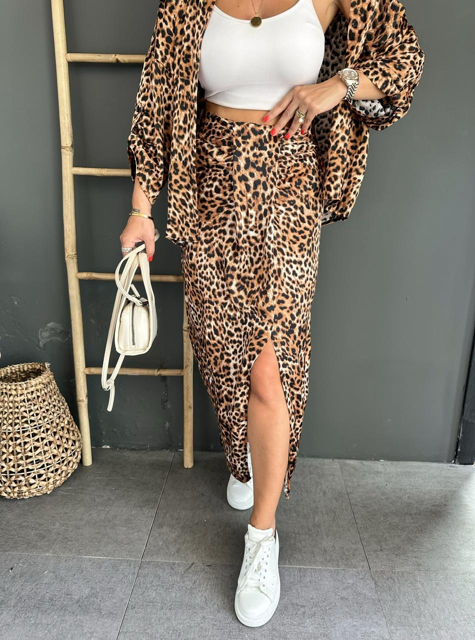 Leopar Düğüm Detaylı Saten Etek