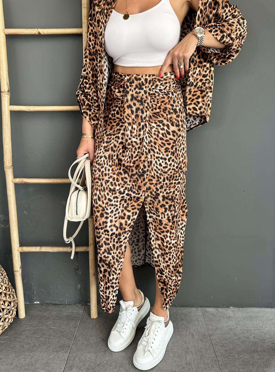 Leopar Düğüm Detaylı Saten Etek