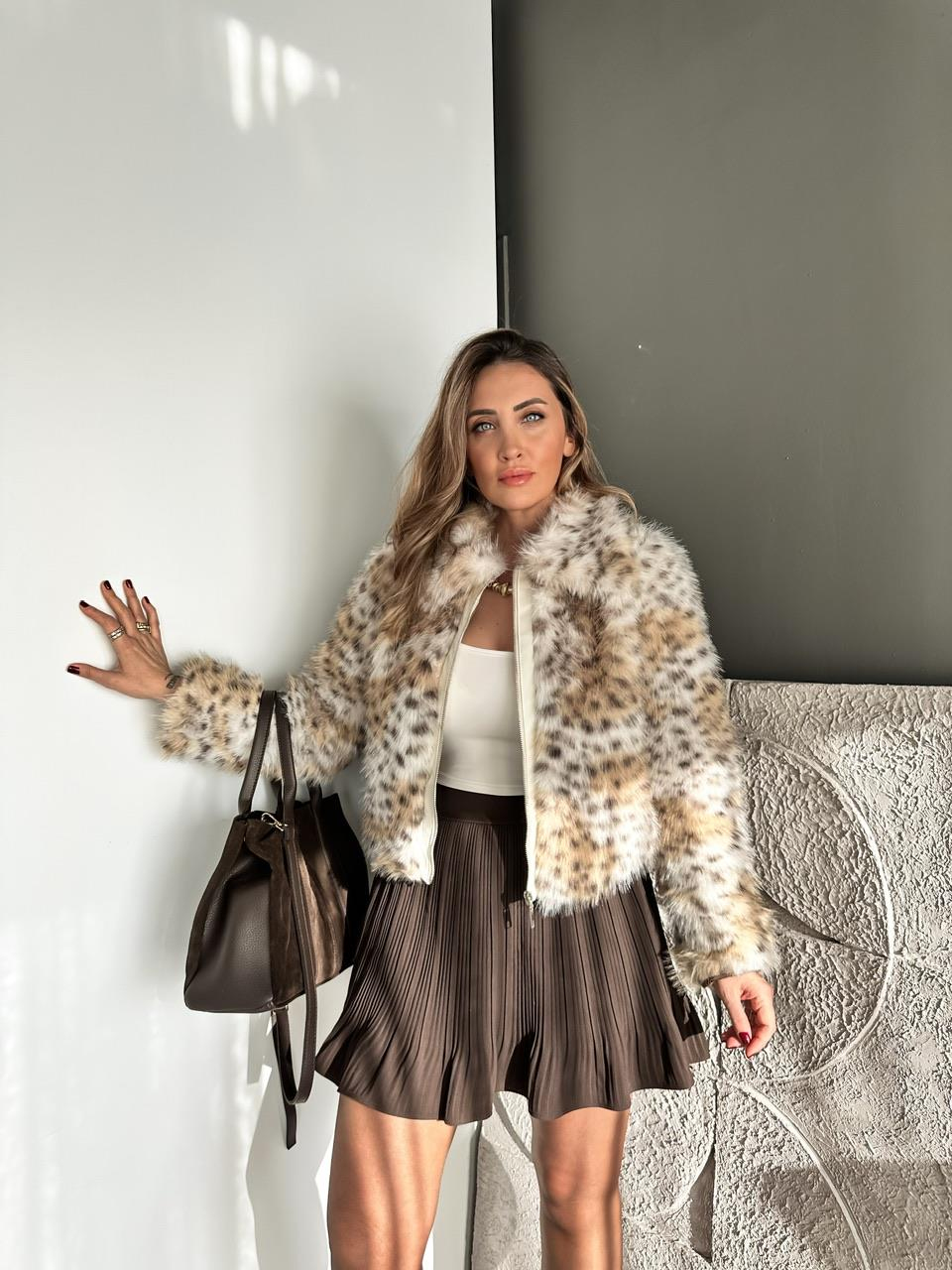 Leopar Fermuarlı Kürk ceket