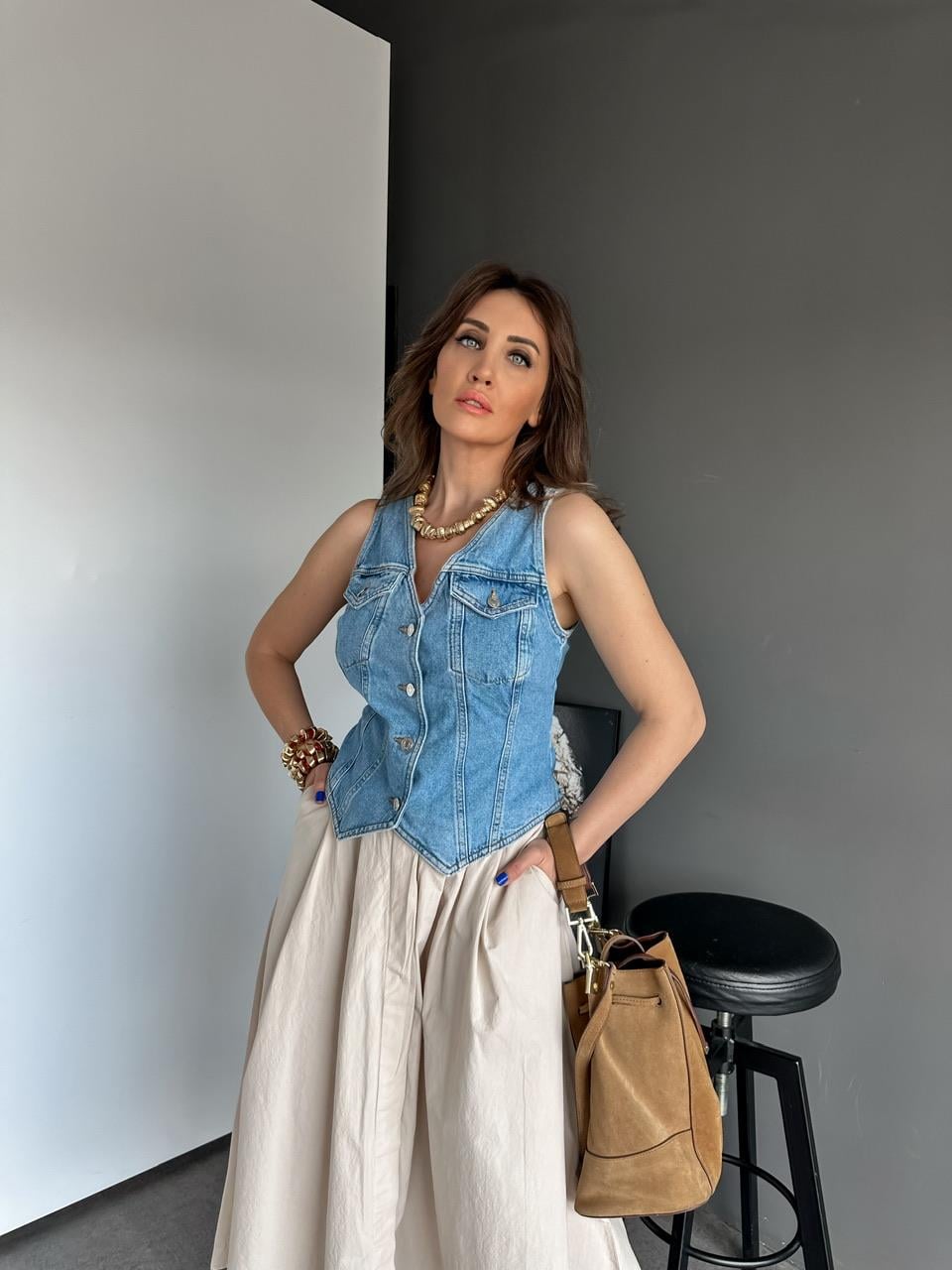 Mavi Asimetrik Kesim Kot Yelek
