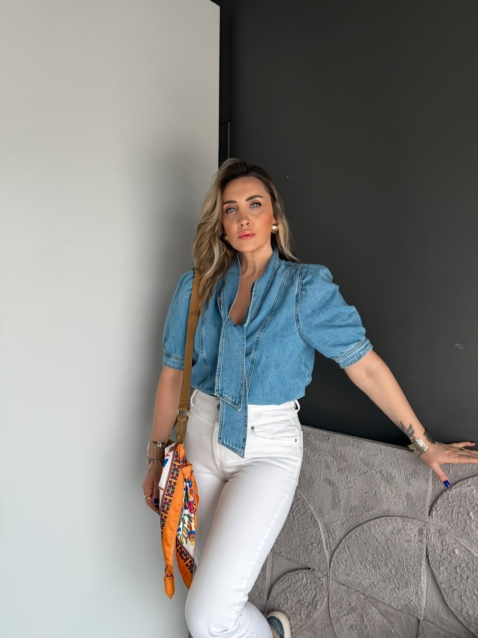 Mavi Bağlamalı Orijinal Kot Bluz