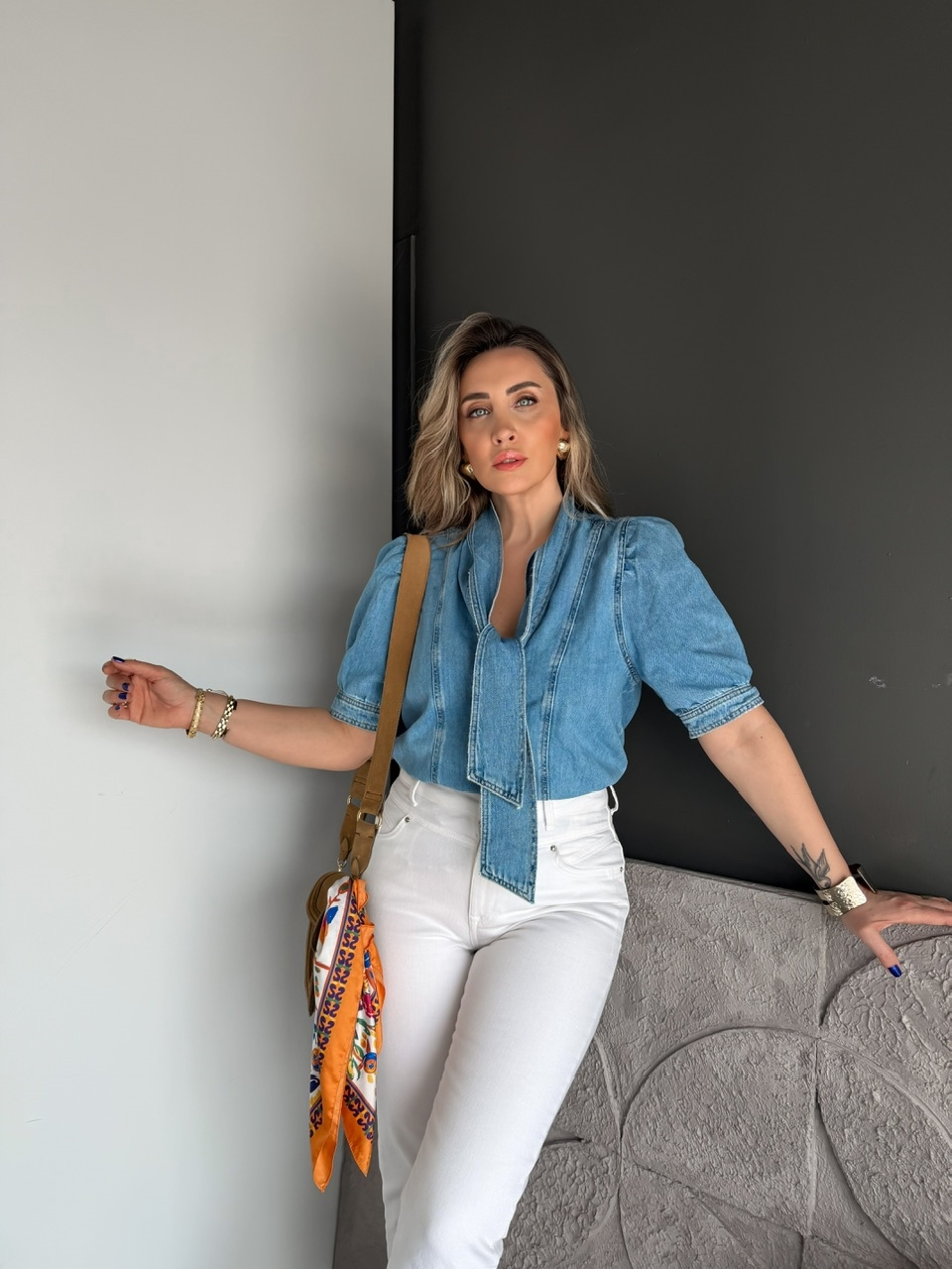 Mavi Bağlamalı Orijinal Kot Bluz