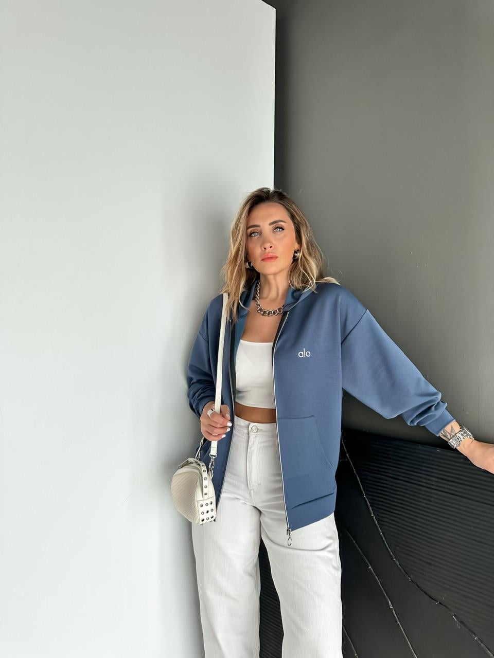 Mavi Fermuarlı Kapşonlu Alo Sweatshirt
