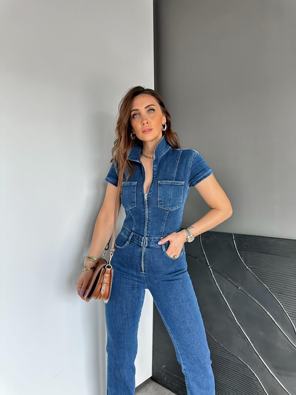 Mavi Fermuarlı Likralı Premium Tulum