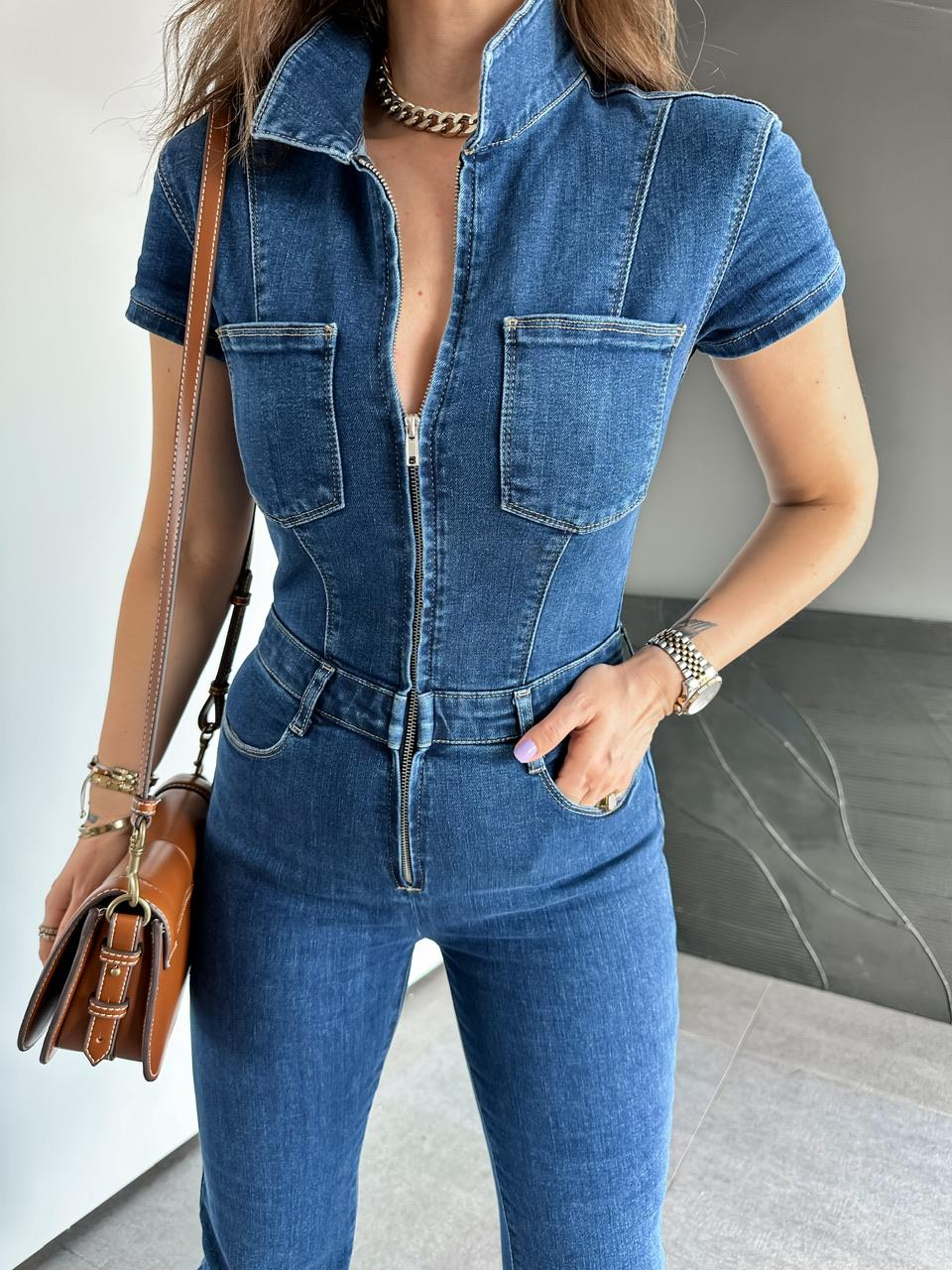 Mavi Fermuarlı Likralı Premium Tulum