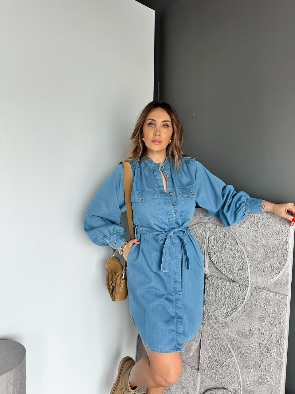 Mavi Manşetli Kemerli Orijinal Kot Elbise