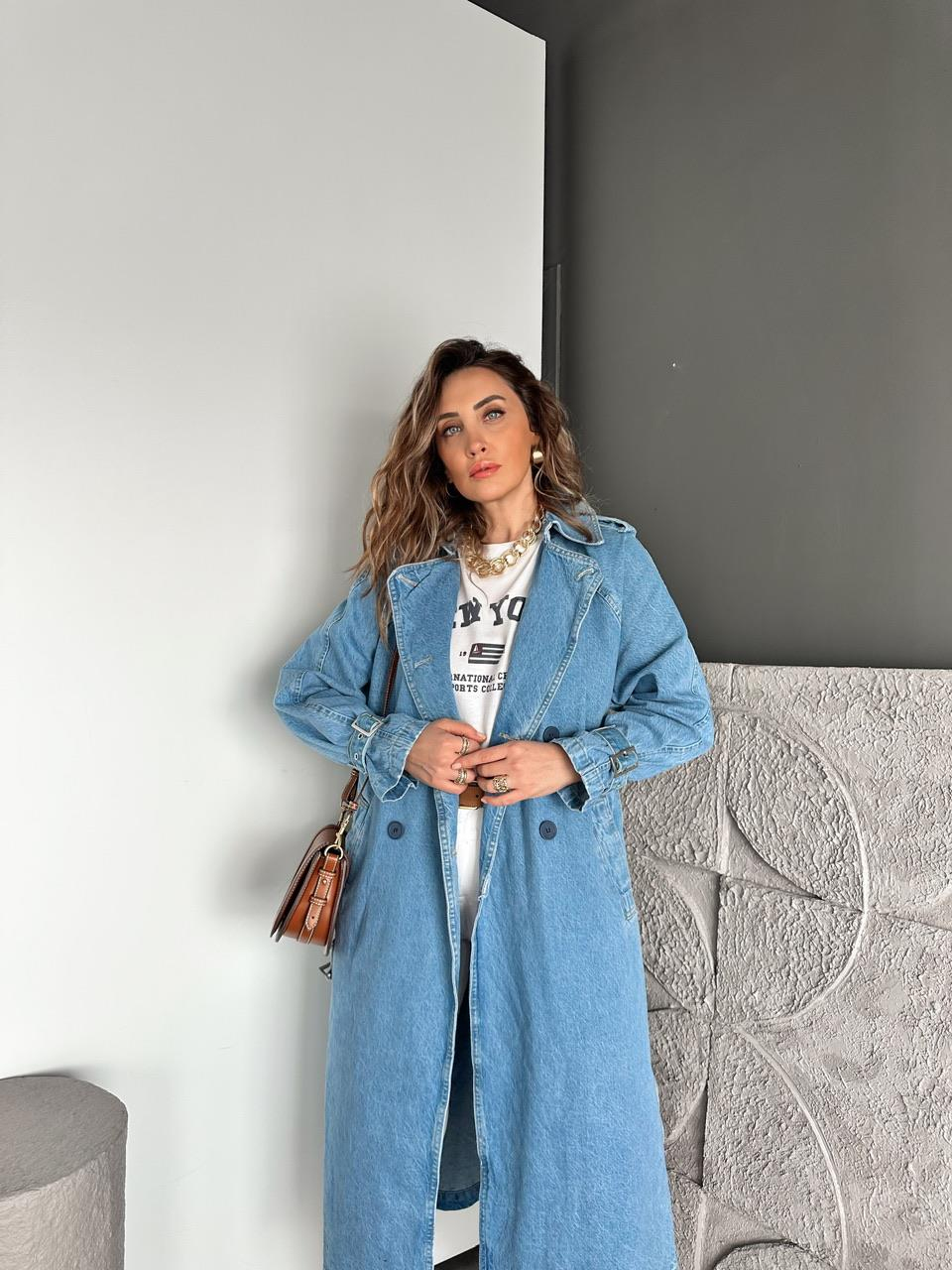 Mavi Manşetli Kemerli Orijinal Trençkot